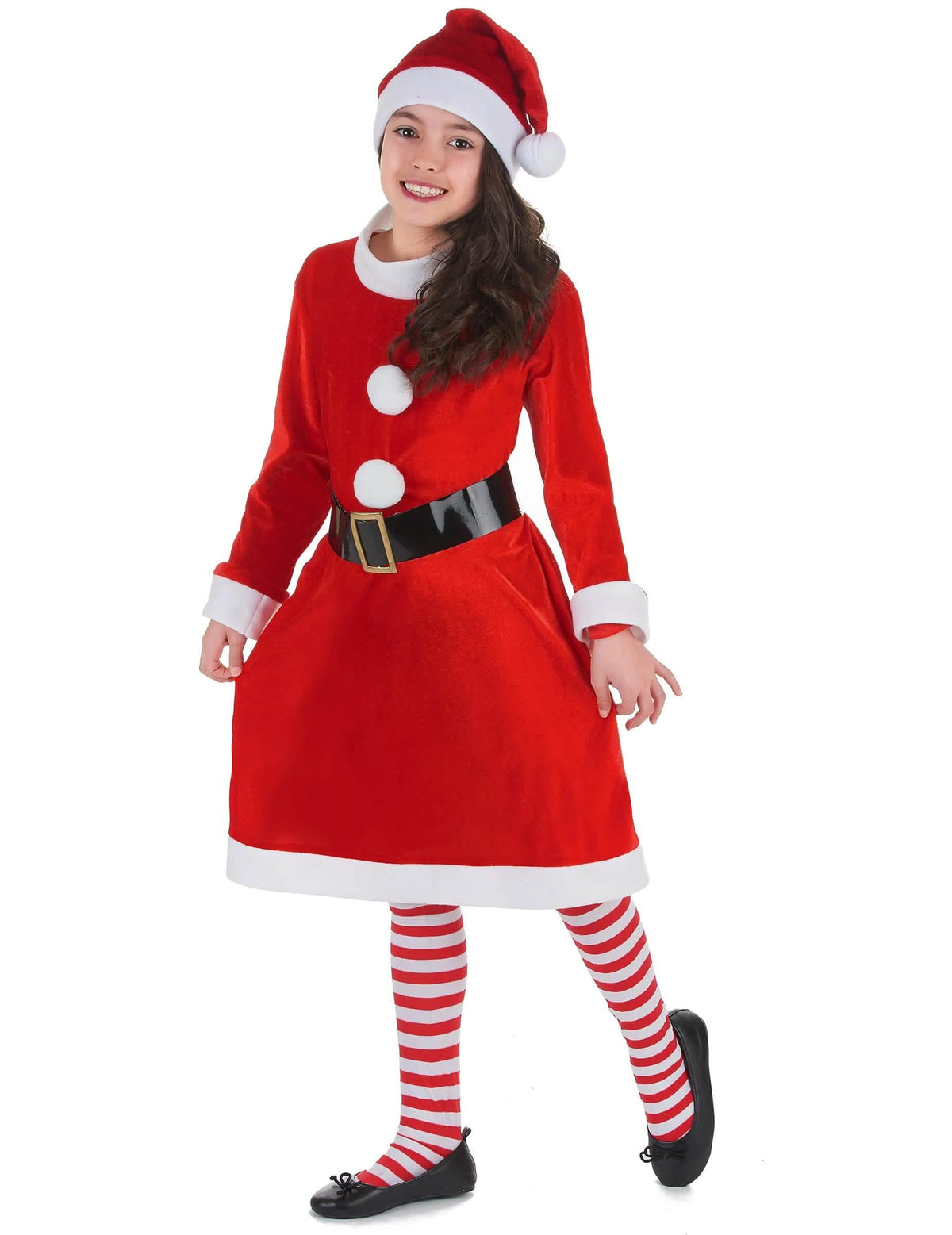 Vista frontal com collants às riscas do disfarce mãe natal