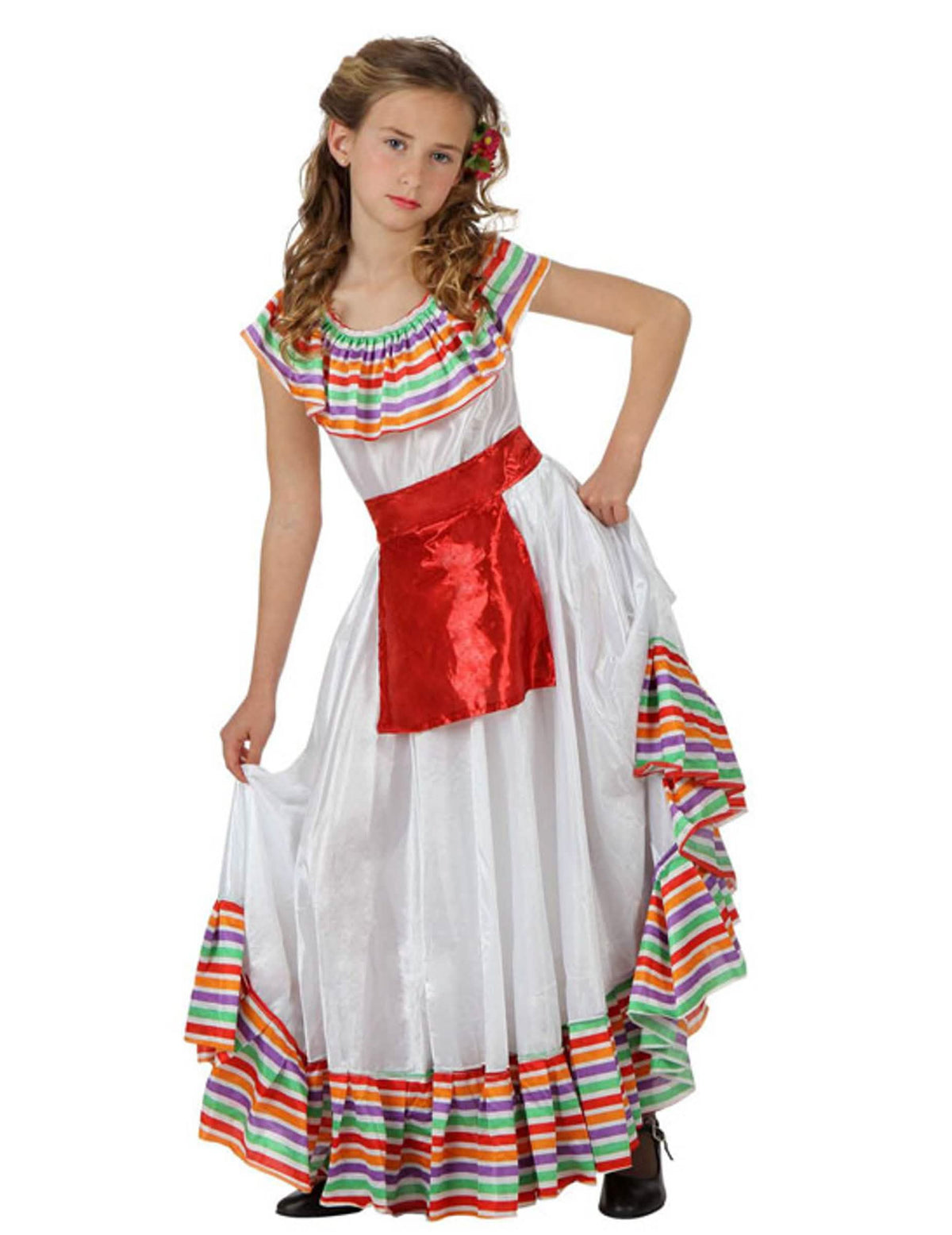 Fato de mexicana para menina branco com folhos multicoloridos e cinto vermelho