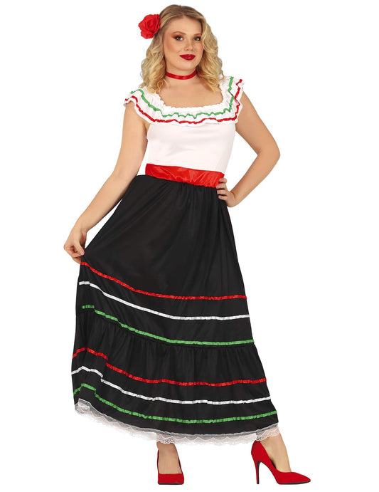 Déguisement mexicaine longue pour femme noir et blanc avec rubans colorés