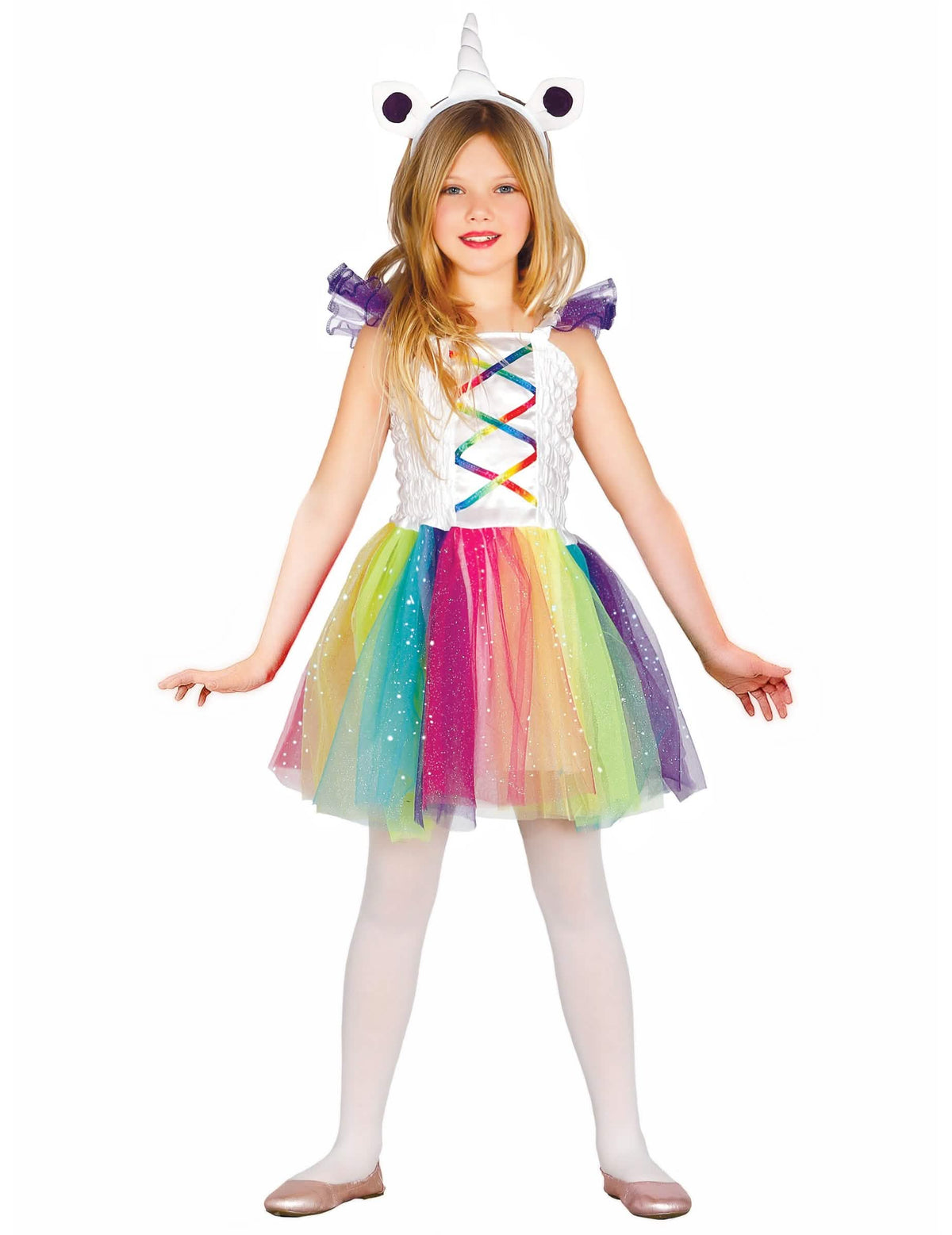Fato de unicórnio miss para menina multicores com tutu arco-íris e bandolete com corno