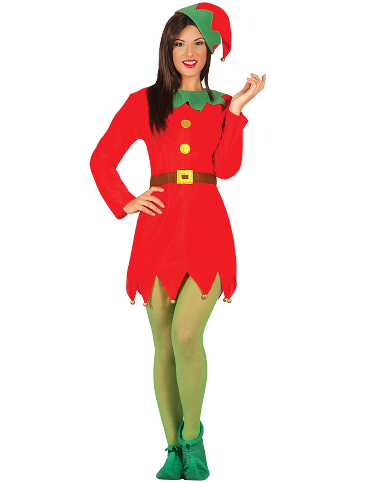 Fato de mulher de elfo do natal vermelho com gorro com guizos
