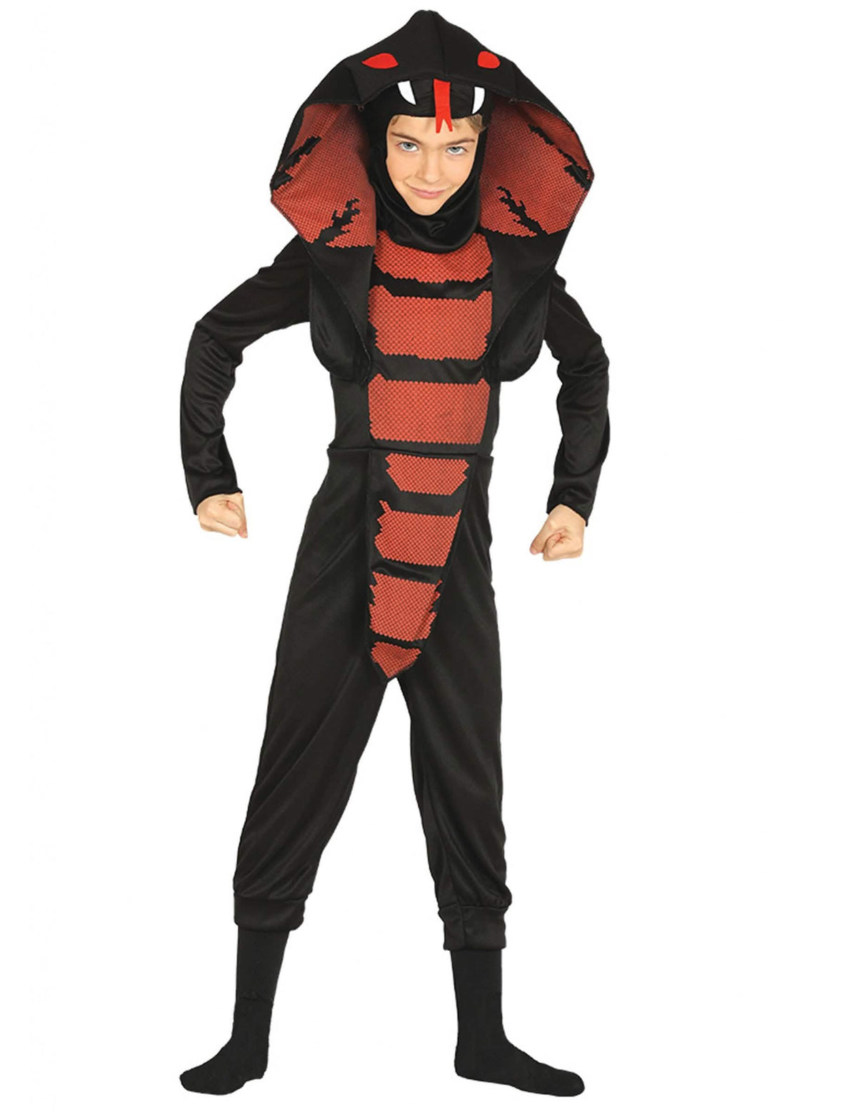 Fato de ninja cobra para menino preto e vermelho com capuz de serpente