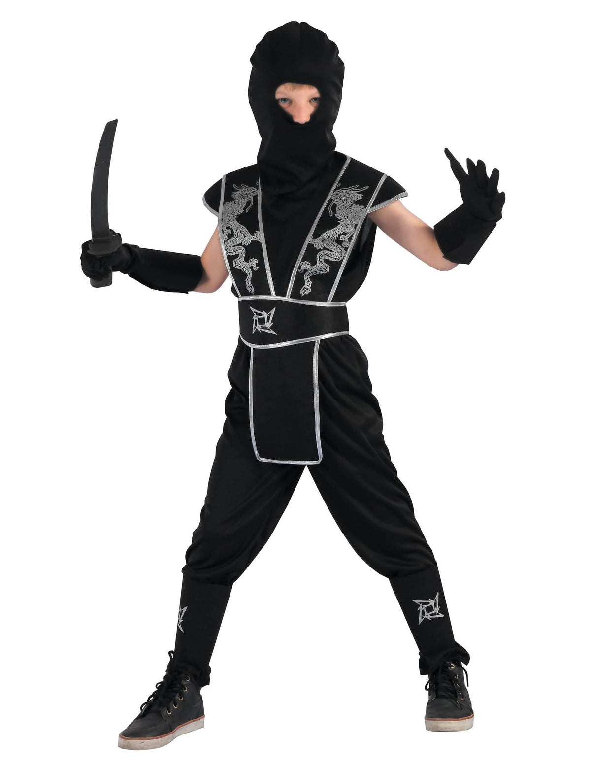 Déguisement ninja estrela Shuriken para menino preto e prateado com motivos de dragões
