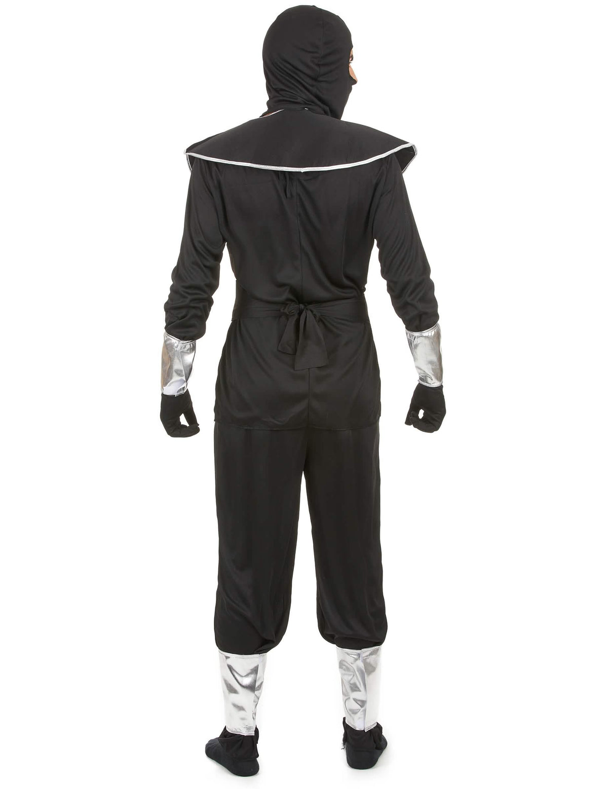 Vista traseira do disfarce de ninja para homem preto e prateado