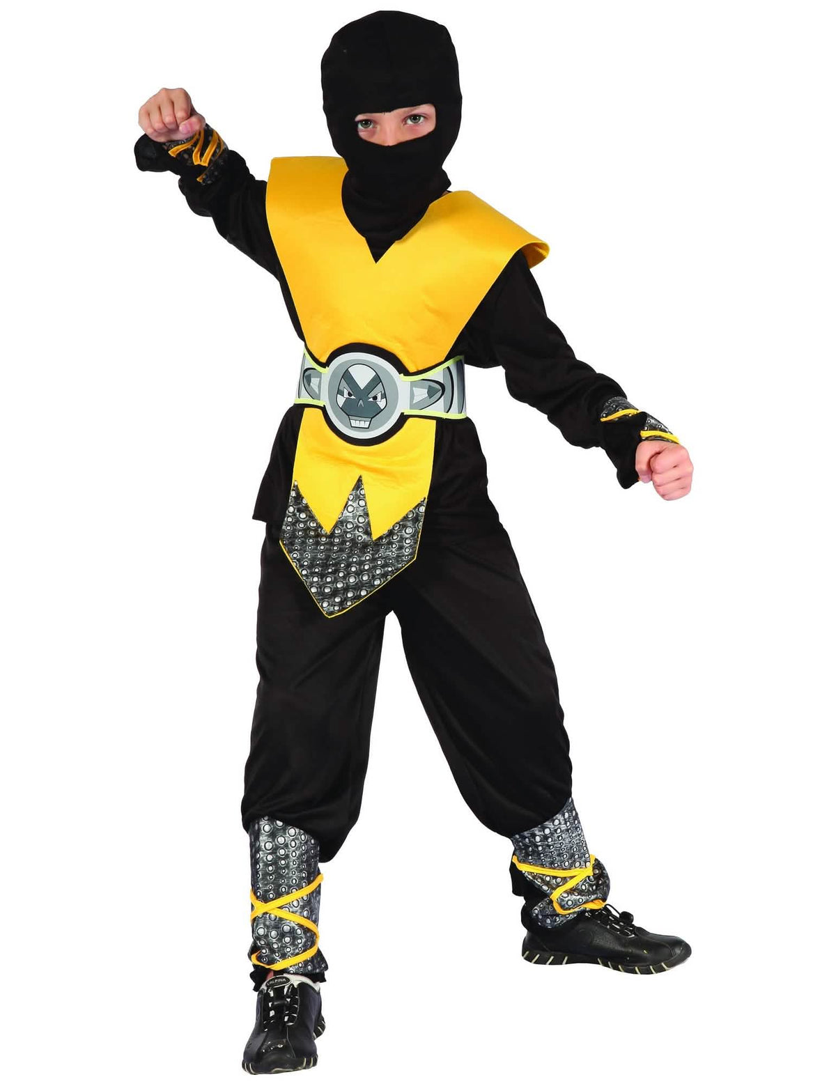 Déguisamento de ninja para menino amarelo e preto com peitoral