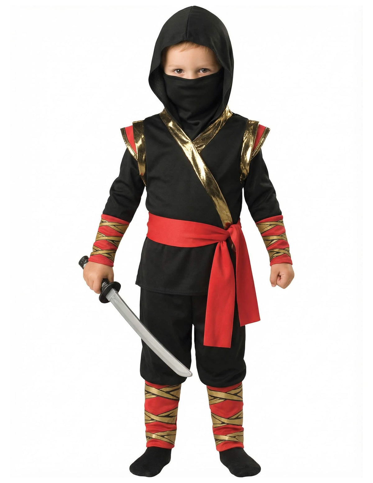 Vista frontal com espada do disfarce ninja para criança