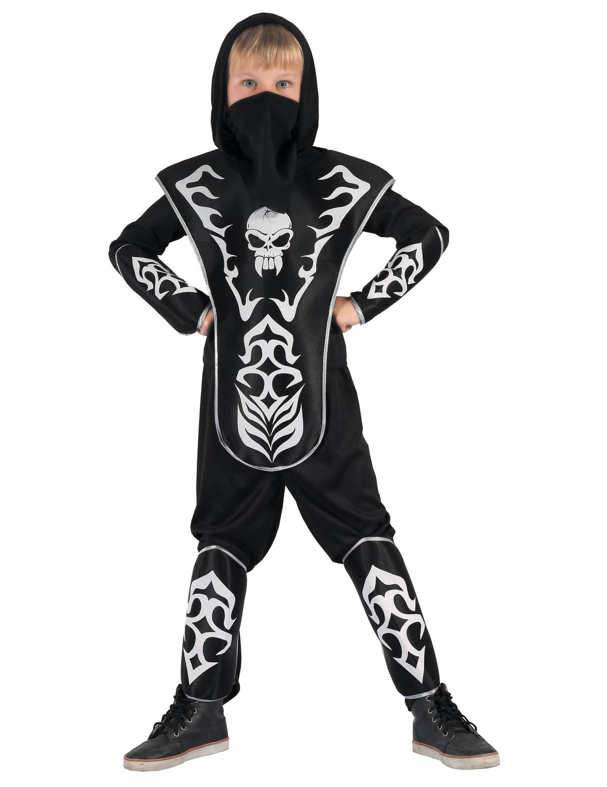 Fato de ninja de caveira para menino preto com motivos prateados