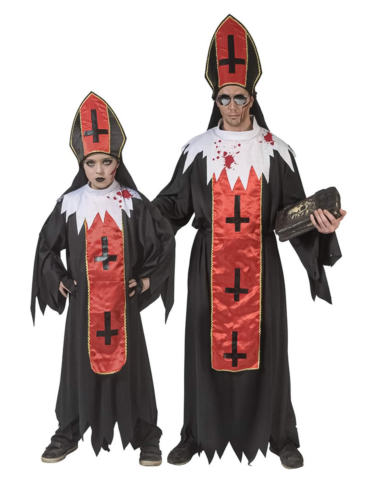 Duo adulto e criança do disfarce de papa de horror para adulto