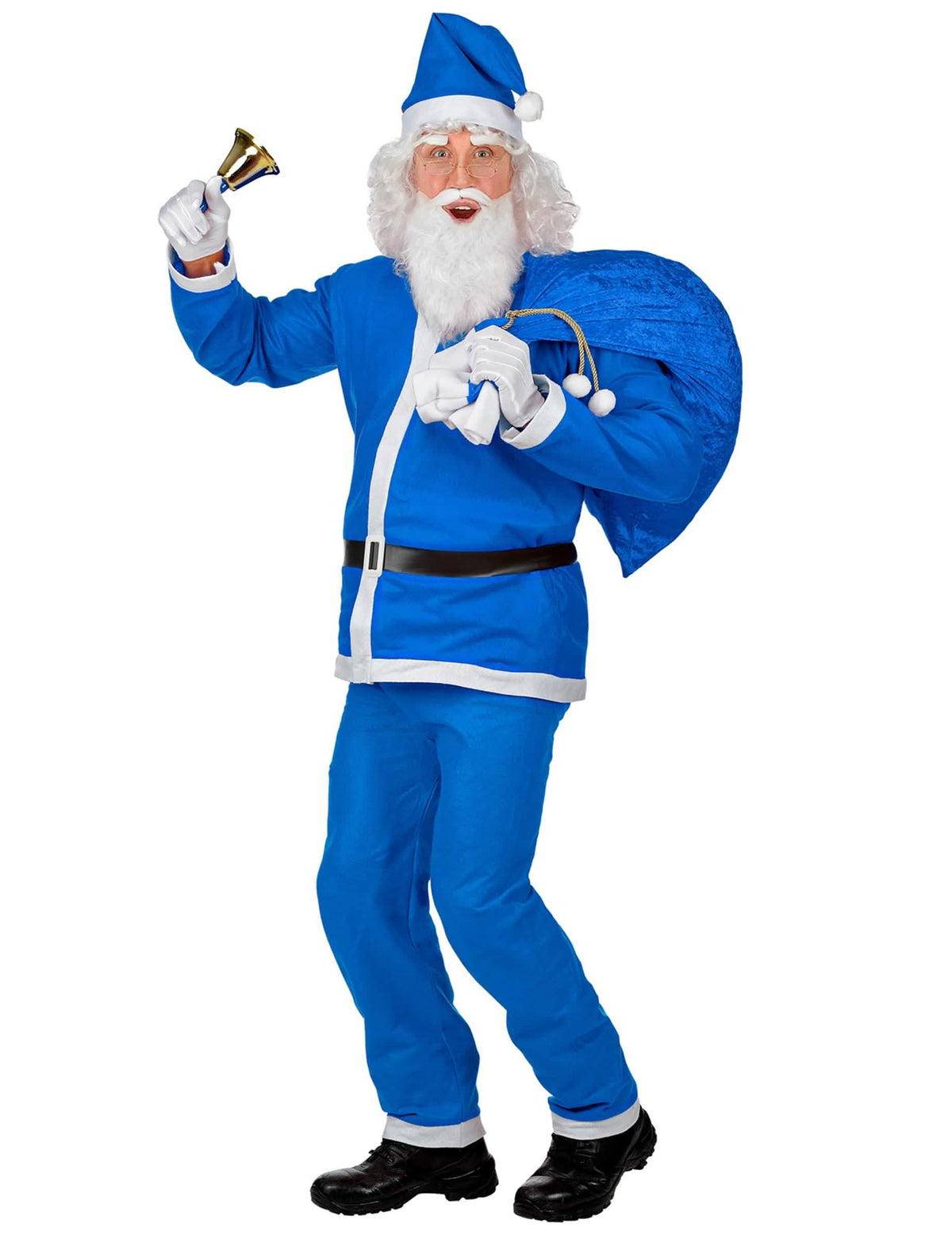 Vista frontal do fato de pai natal azul para homem