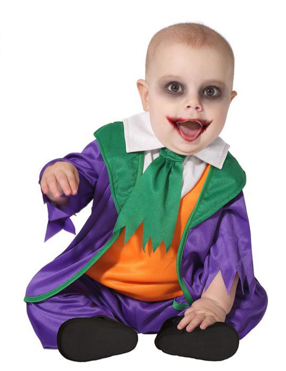 Fato de pequeno palhaço maluco para bebé roxo e verde com colete cor de laranja