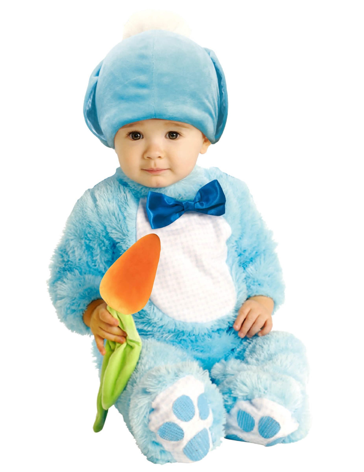 Fato de coelho bebé azul com laço e cenoura