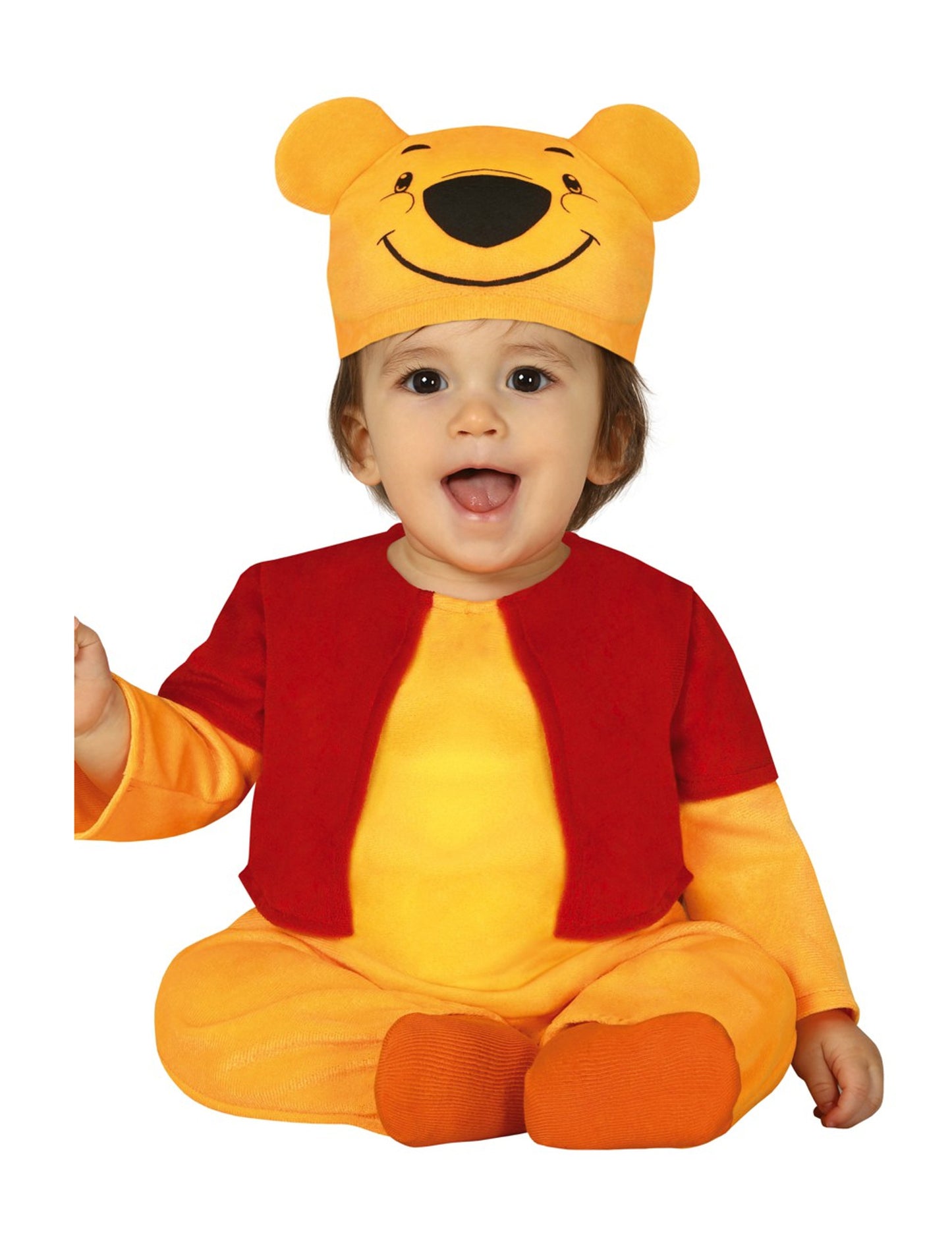 Déguisement de petit ourson pour bébé jaune et rouge avec bonnet à oreilles