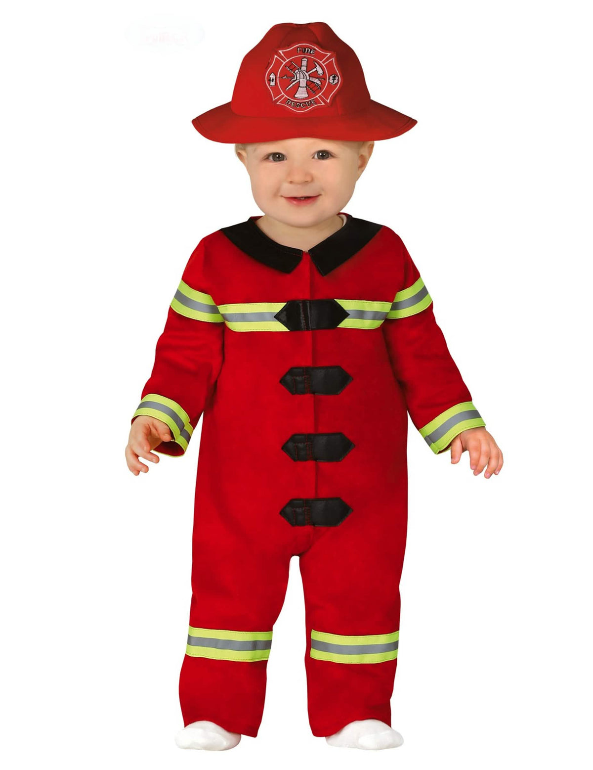 Fato de pequeno bombeiro para bebé vermelho com bandas refletoras e chapéu