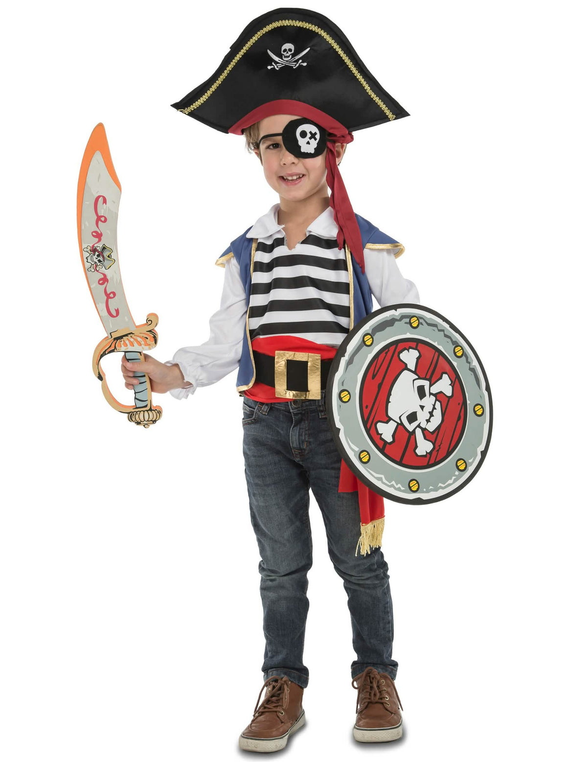 Fato de pirata para criança azul e vermelho com chapéu, sabre e escudo