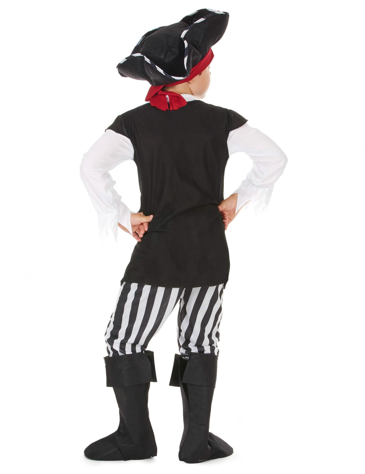 Vista de trás do fato de pirata para menino com riscas pretas e brancas