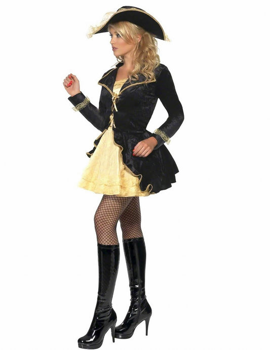 Disfarce pirata barroco preto e dourado mulher