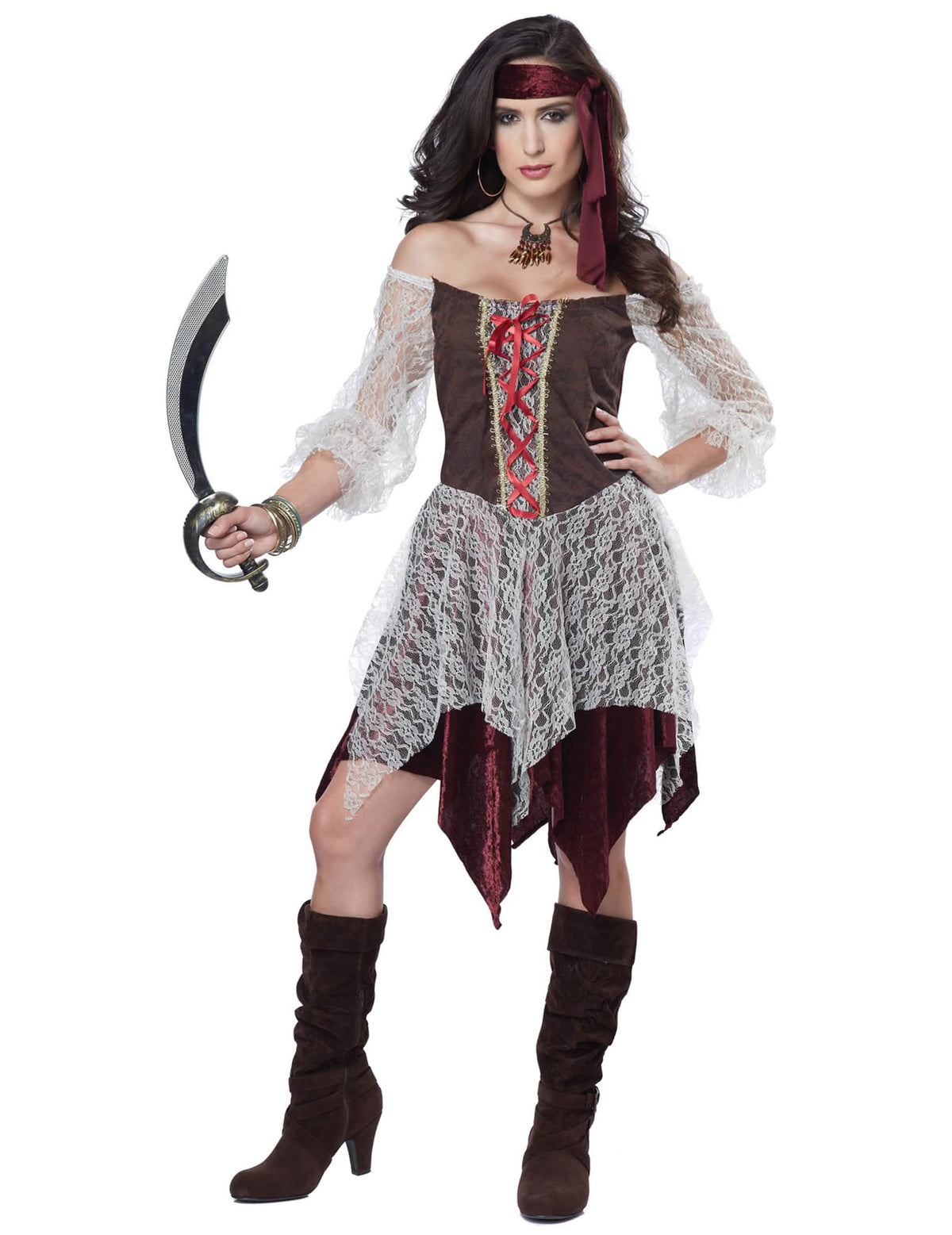 Fato de pirata bucaneira sexy para mulher castanho e bordeaux com renda branca