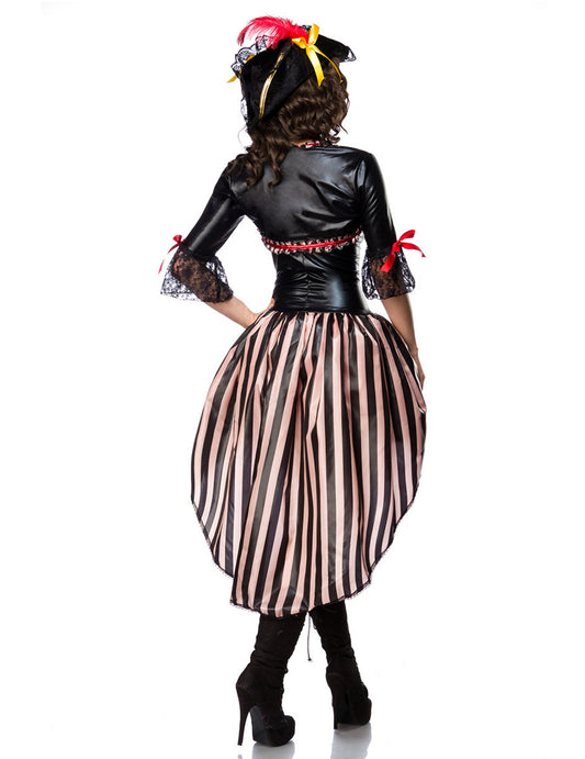 Vue de dos du déguisement pirate corset rouge sexy luxe
