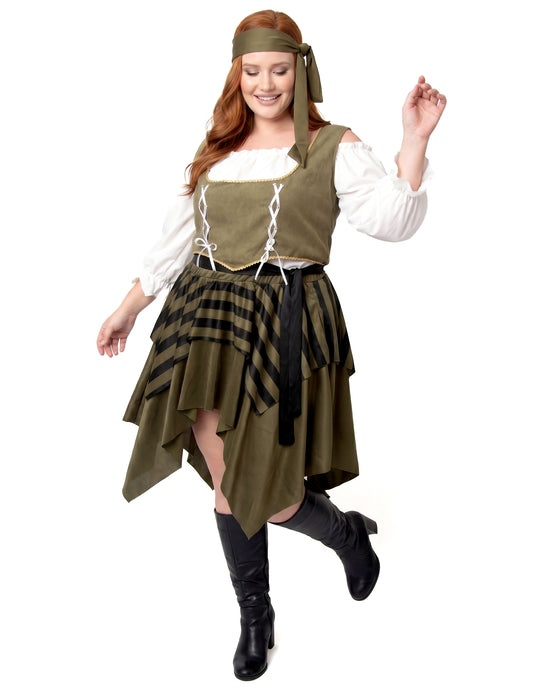 Disfarce de pirata bucaneiro verde plus size feminino