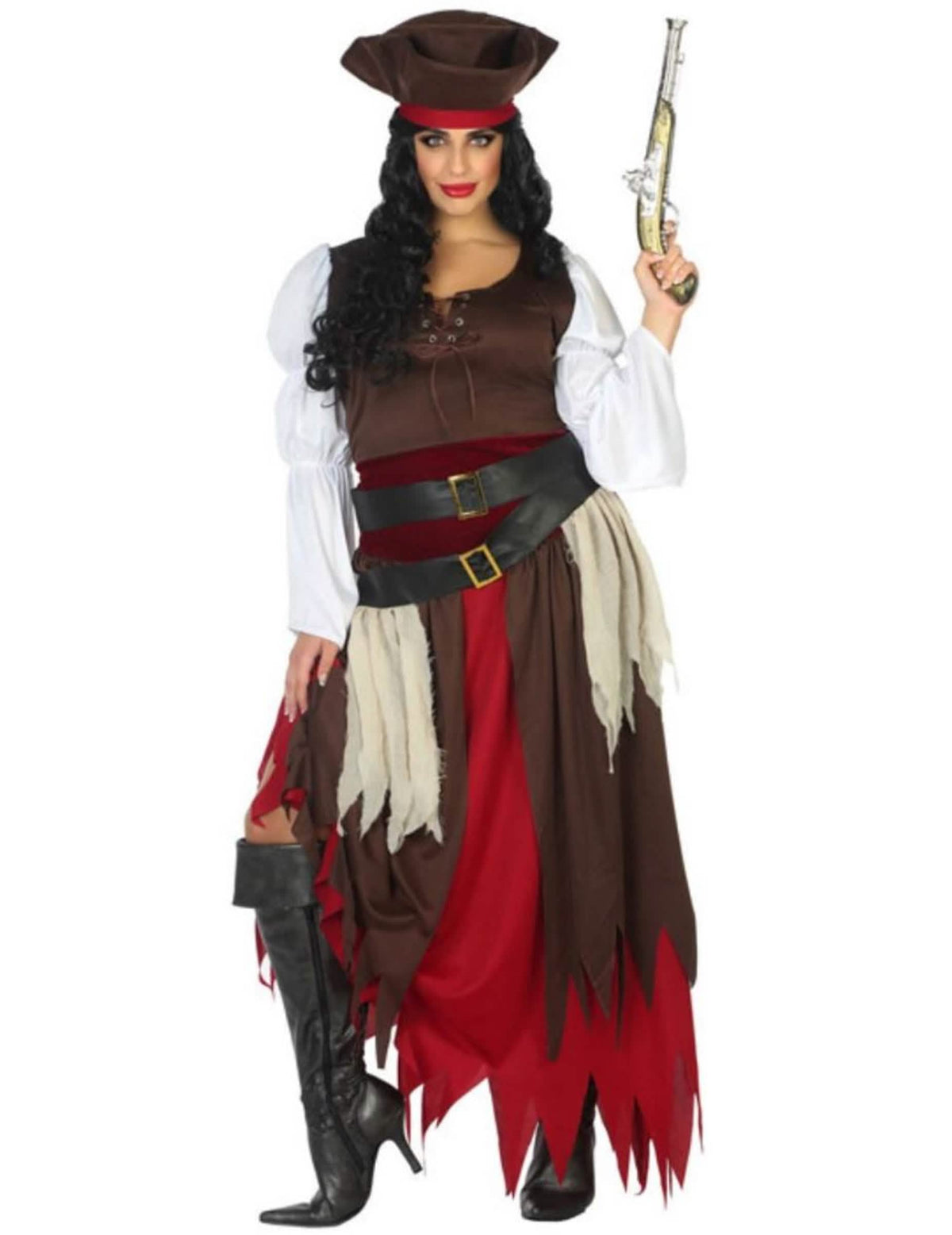 Fato de pirata para mulher castanho e vermelho com chapéu