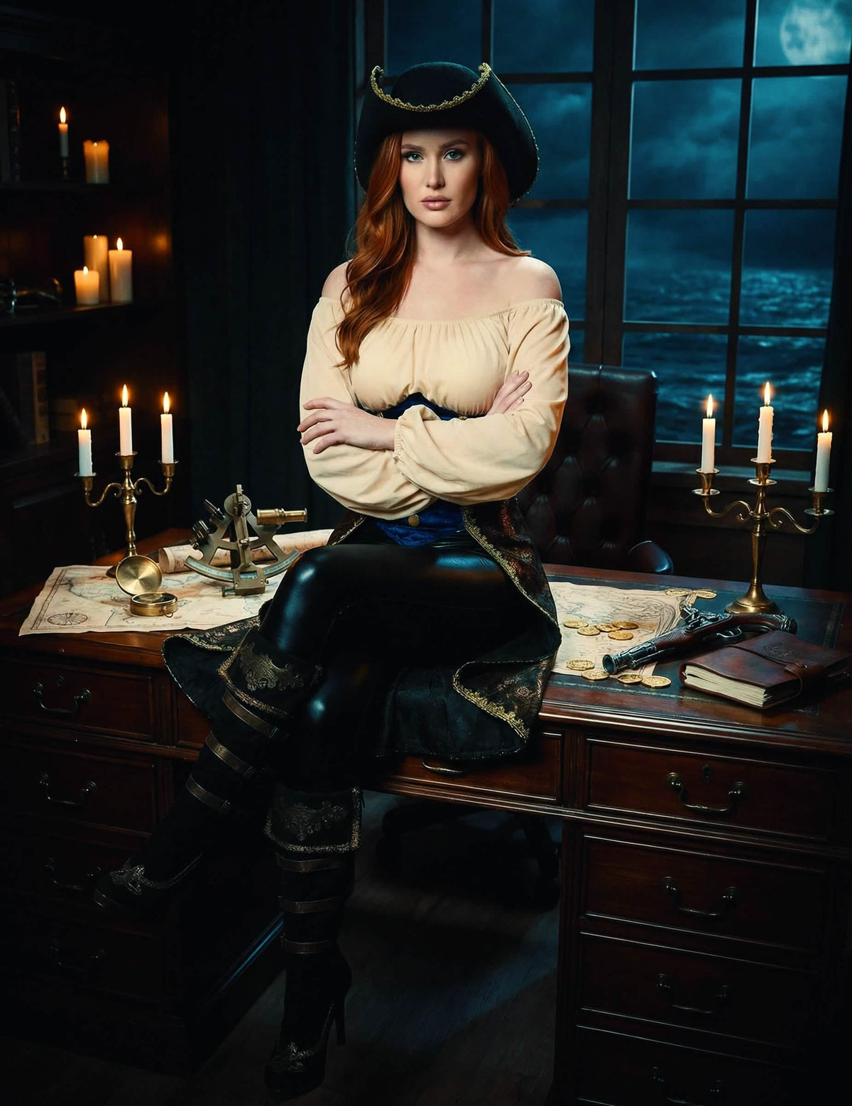 Vue d'ensemble assise du déguisement de pirate pour femme