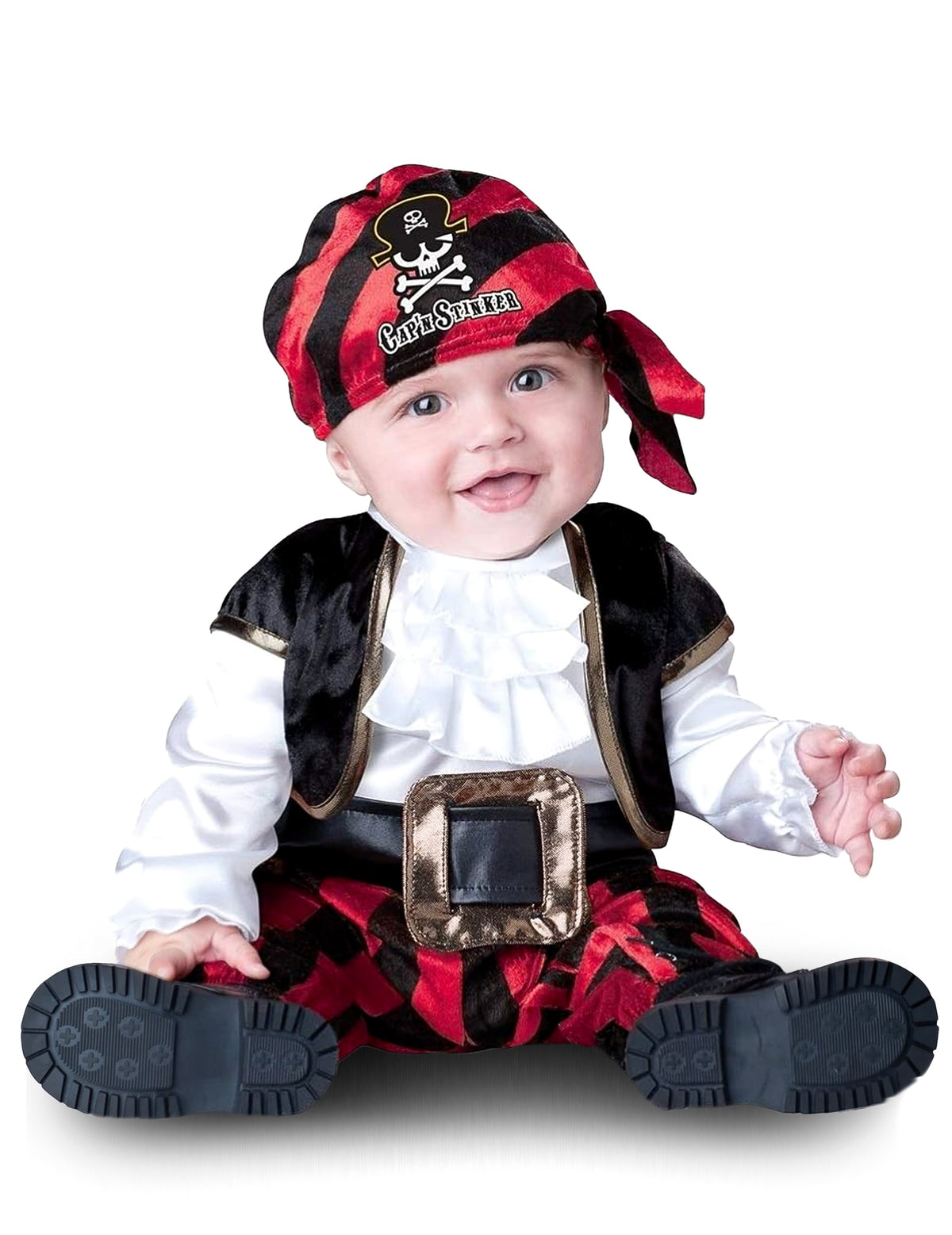Déguisement de pirate pour bébé rouge et noir à rayures avec bandana