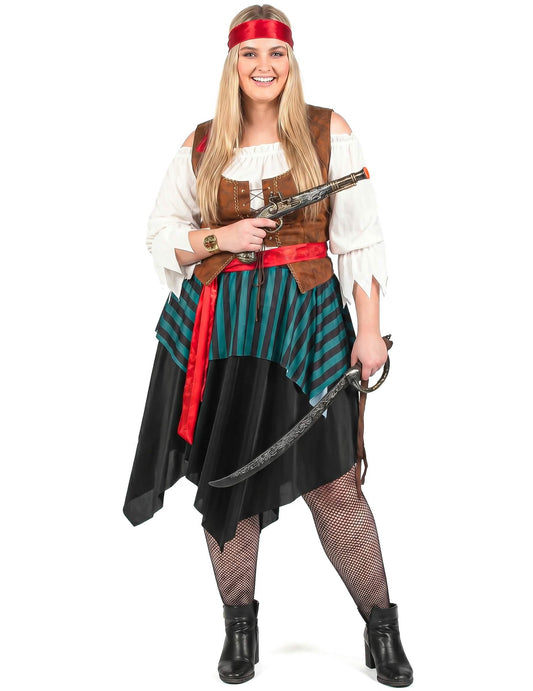 Disfarce pirata às riscas azul e preto tamanho grande mulher