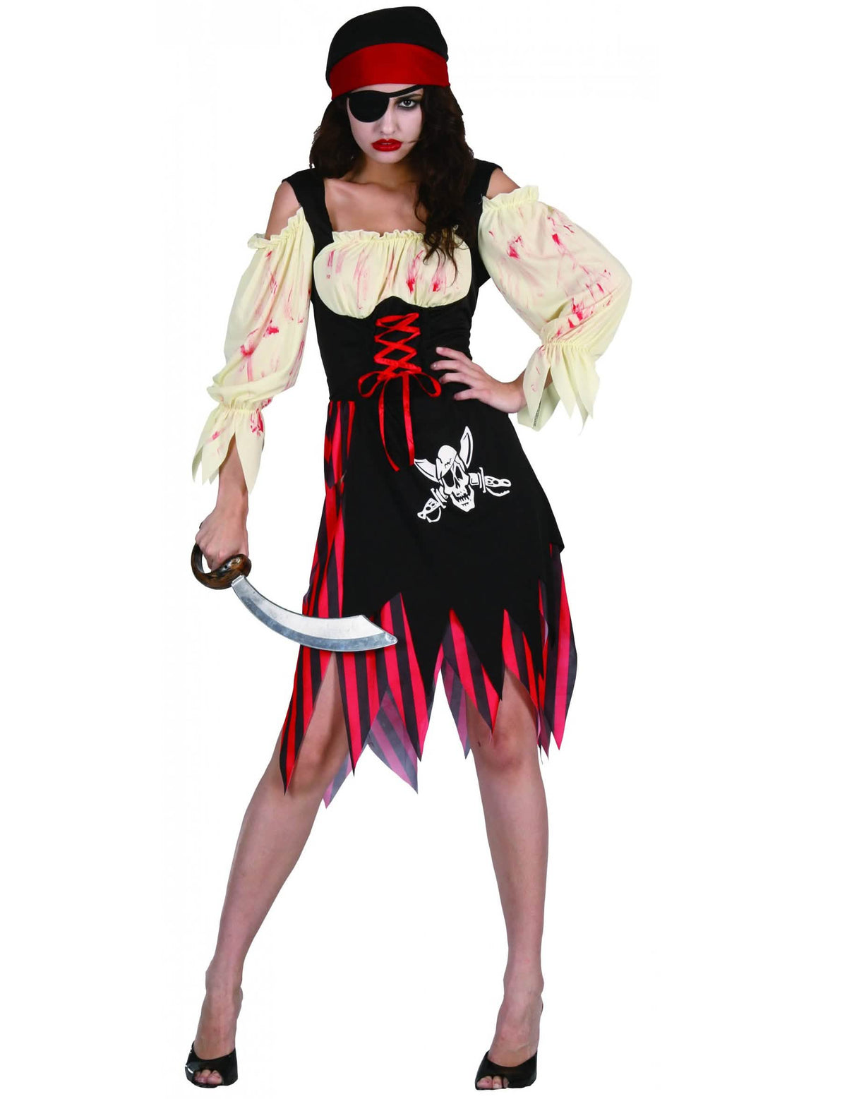 Fato de pirate zombie para mulher preto e vermelho com manchas de sangue