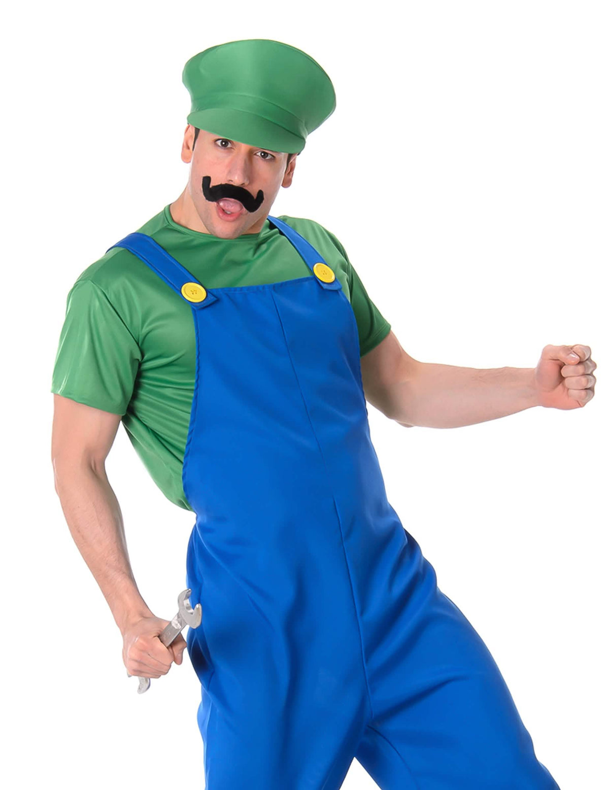 Grande plano sobre o bigode e o boné do fato de encanador verde para homem