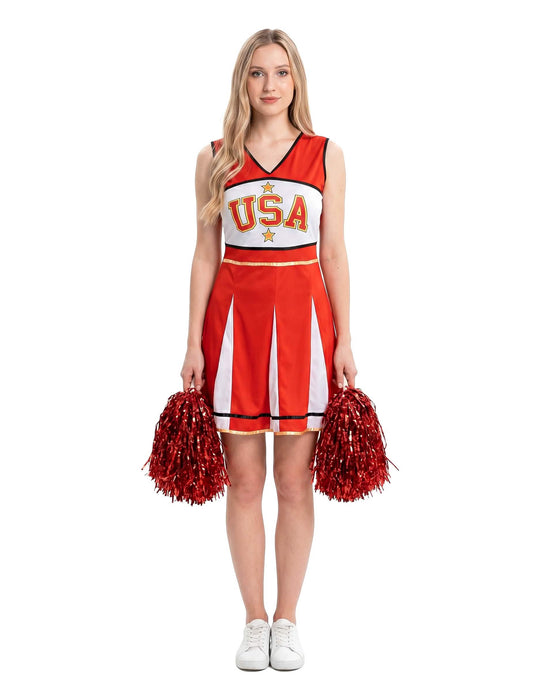 Fato de líder de claque americana vermelho para mulher