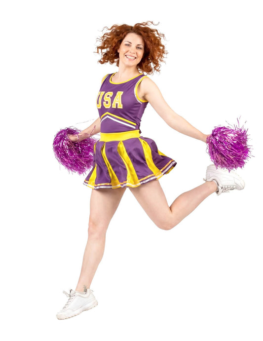 Disfarce pompom girl USA lilás e amarelo mulher