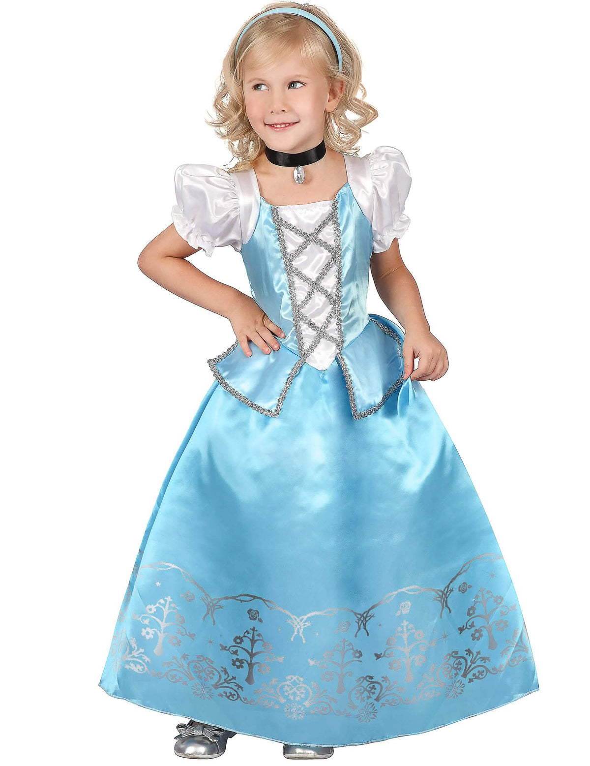 Fato de princesa para menina azul e branco com detalhes prateados