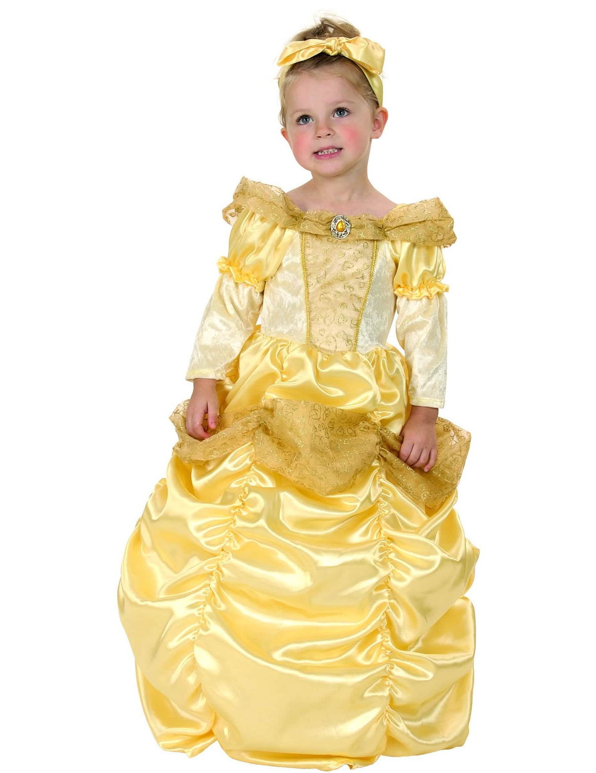 Fato de princesa dourada para menina amarelo com diadema a condizer