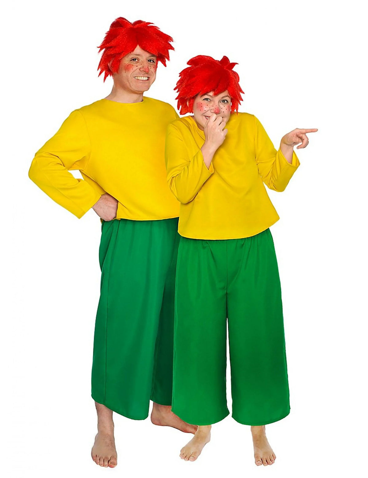 Fato de Pumuckl™ para adulto amarelo e verde com peruca vermelha