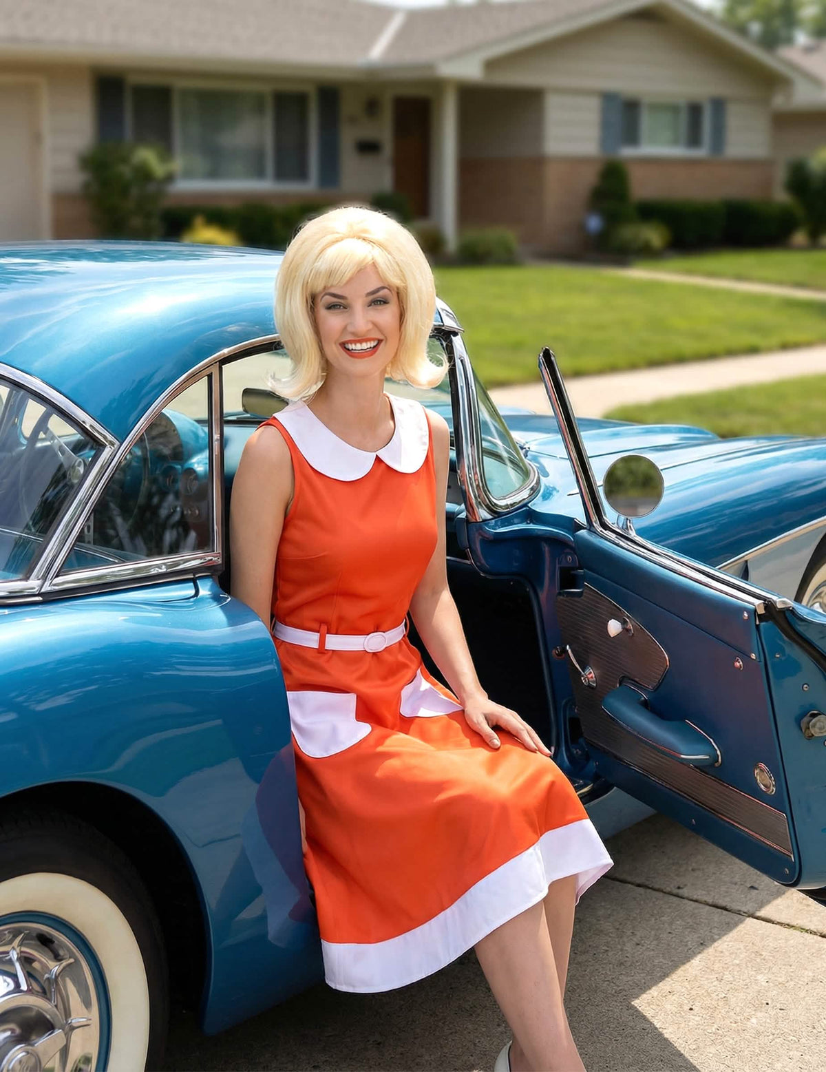 Encenação num carro antigo do disfarce retrô vintage dos anos 50 e 60 para mulher