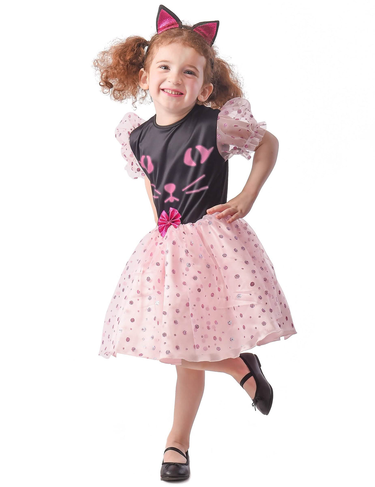 Vestido de disfarce de gato para menina cor de rosa e preto com bandolete com orelhas