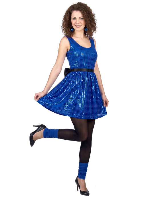 Disfarce vestido disco azul com lantejoulas e laço mulher