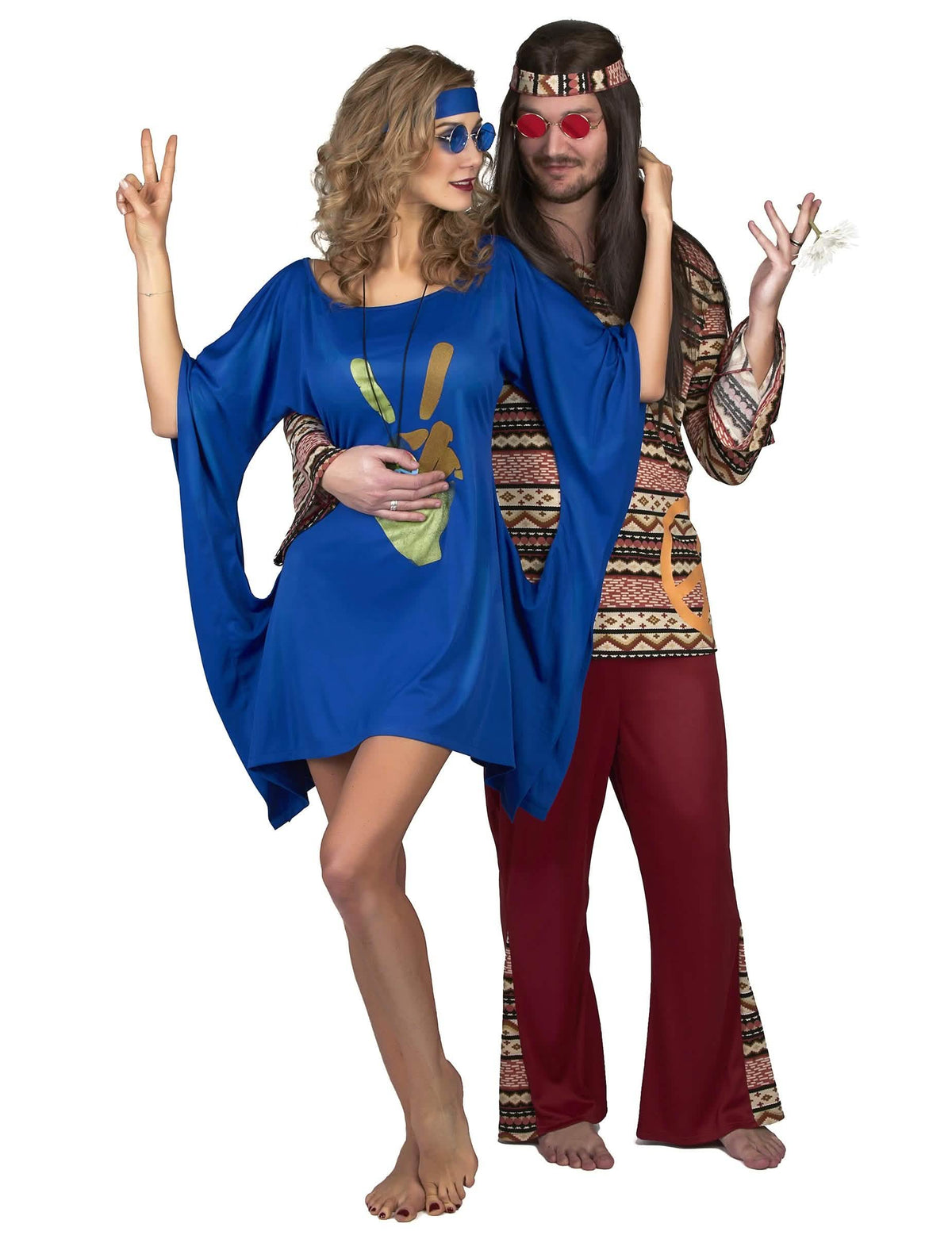 Versão casal do disfarce vestido hippie peace e love para mulher
