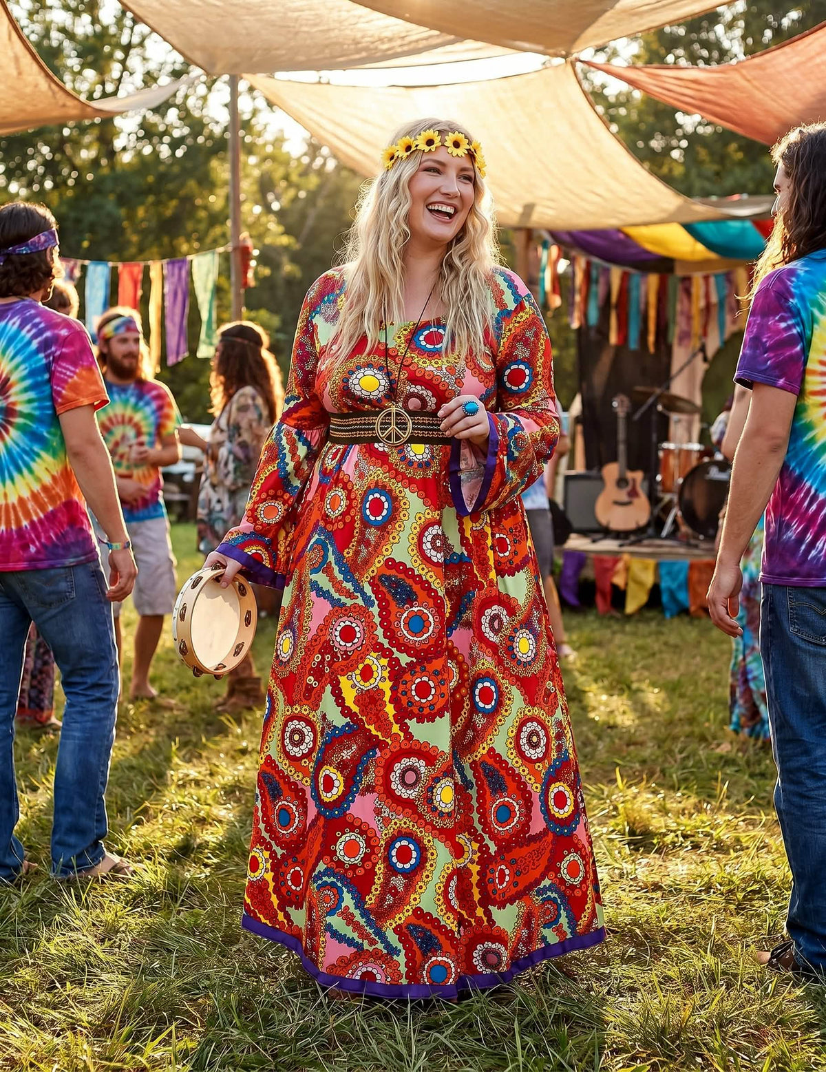 Disfarce vestido hippie tamanho grande mulher