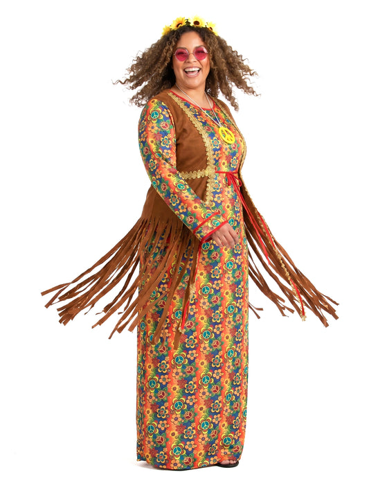 Disfarce hippie comprido com franjas para mulher tamanho grande