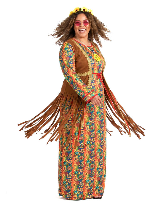 Disfarce hippie comprido com franjas para mulher tamanho grande