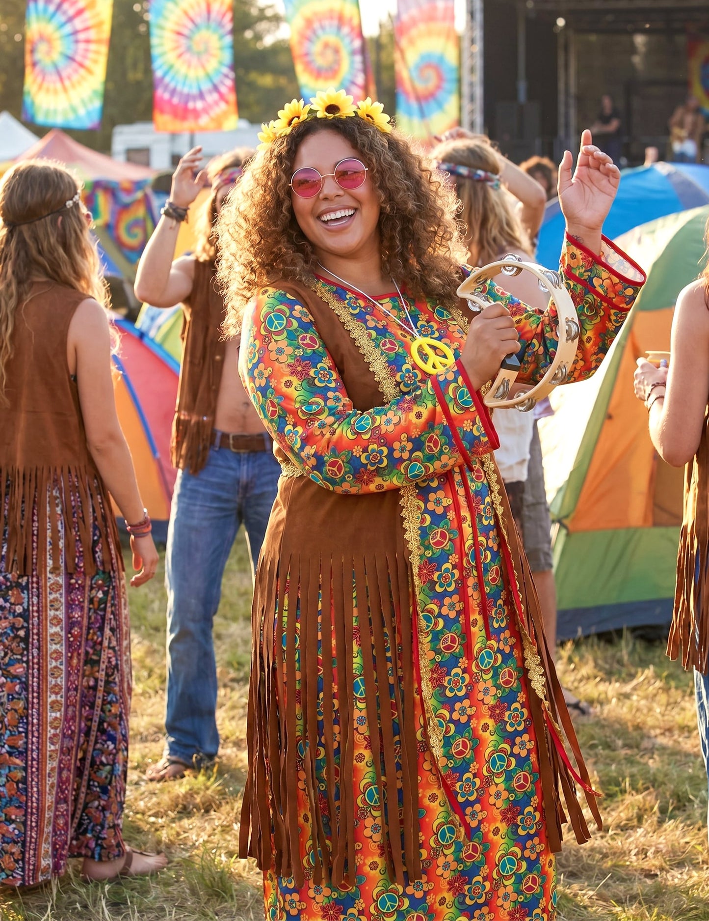 Disfarce hippie comprido com franjas para mulher tamanho grande