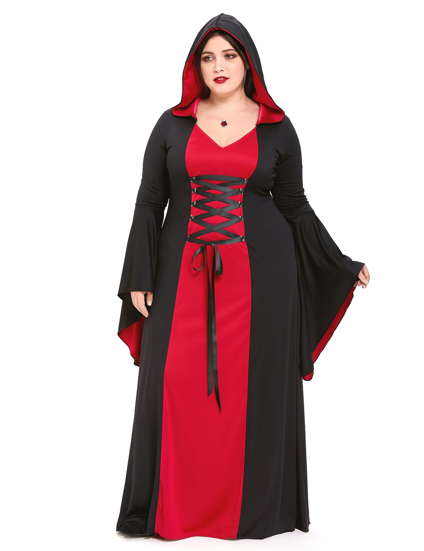 Vue de face du déguisement robe maléfique à capuche