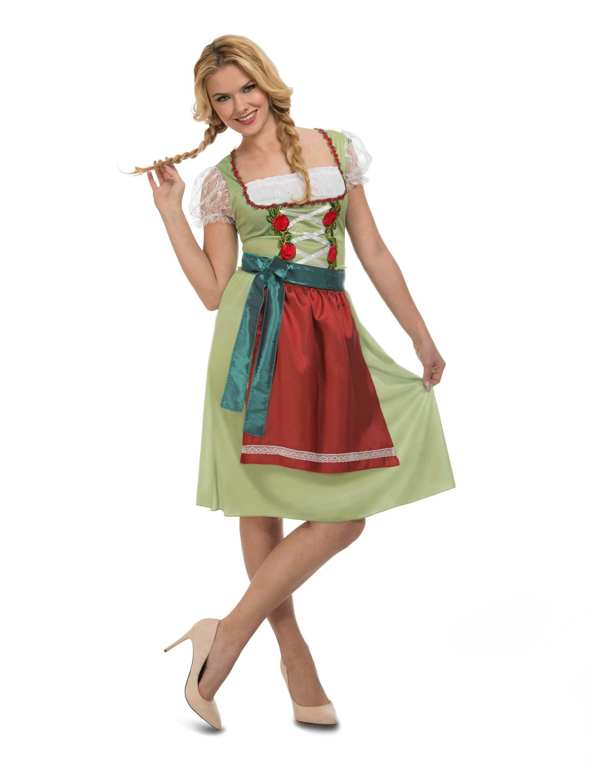Fato vestido festa da cerveja para mulher verde com avental vermelho