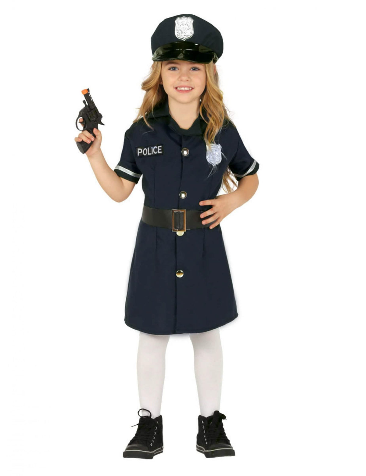 Fato de polícia menina azul-marinho com boné e cinto