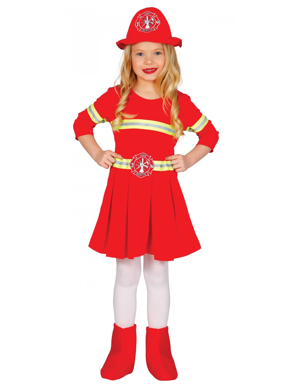 Fato de bombeira vestido para menina vermelho com chapéu e bandas refletoras