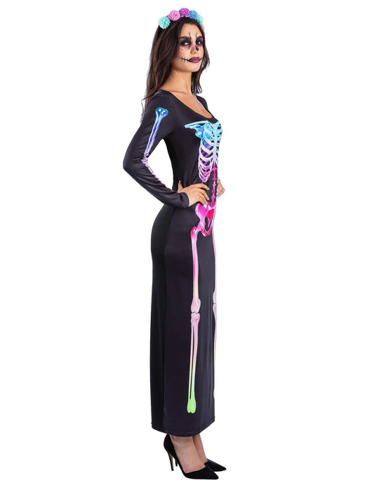 Disfarce vestido esqueleto arco-íris para mulher