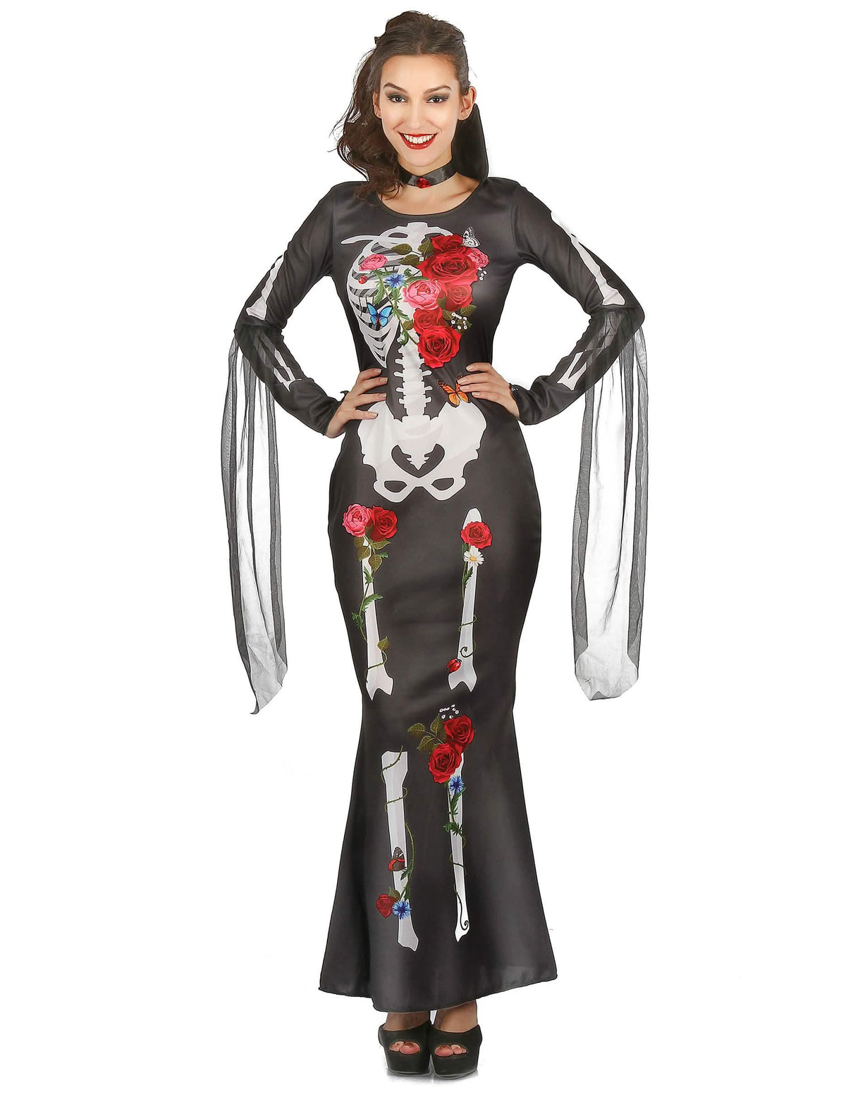 Fato de esqueleto Dia De los Muertos para mulher preto com flores vermelhas