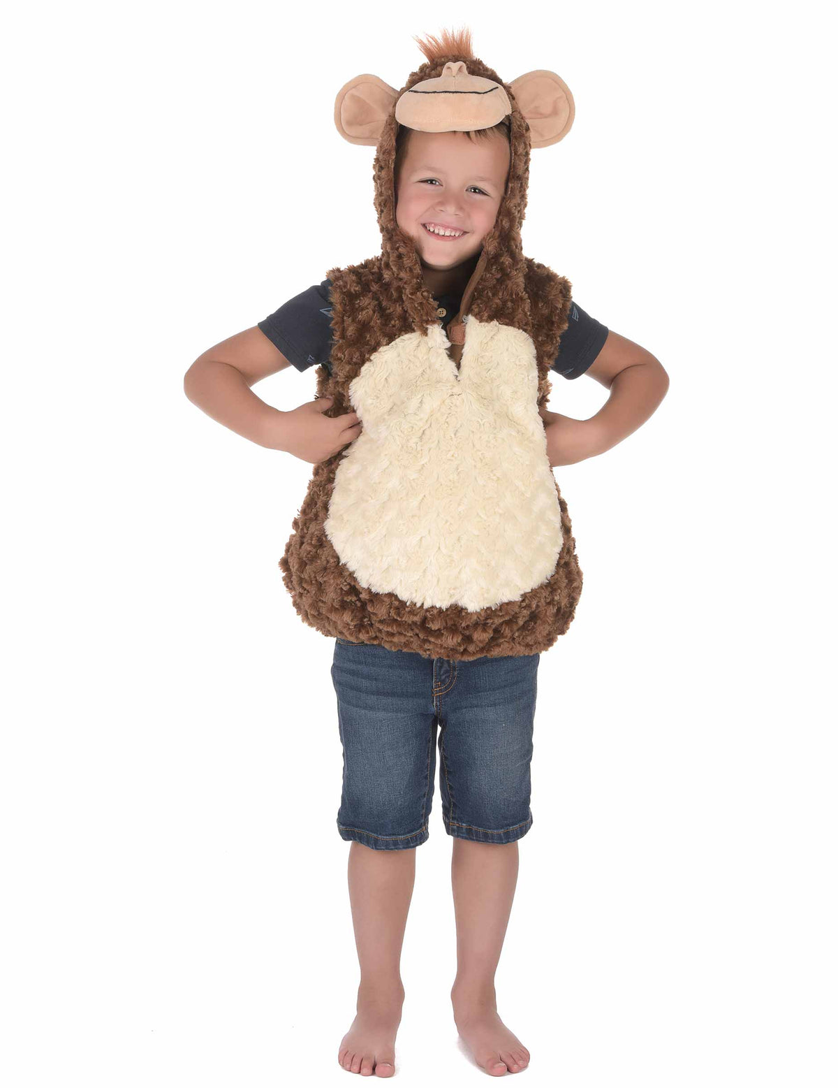 Mise en situation de face du déguisement singe peluche pour enfant