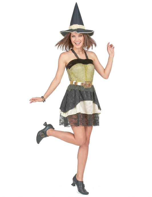 Disfarce bruxa mulher Halloween dourado